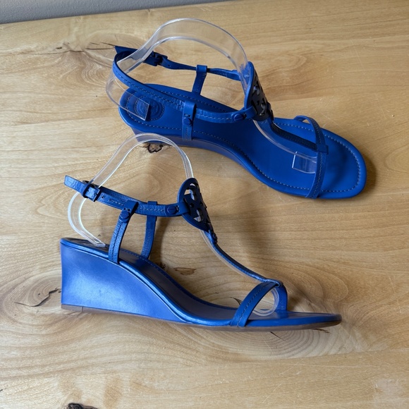 TORY BURCH MILLER WEDGE SANDALS DOUBLE T LOGO T STRAP LEATHER SLINGBACK BLUE 10 - Picture 7 of 12